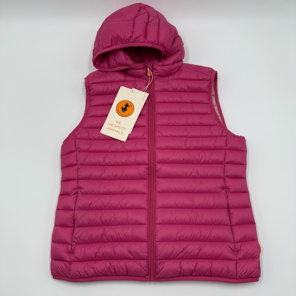NWT SAVE THE DUCK Dia Giga 18 Fuchsia Lightweight Puffer Vest with Hood 2/M - Picture 1 of 16